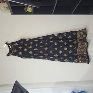 LAPOGEE Black Gold Rayon Halter Keyhole Back Elastic  Waist Maxi Dress